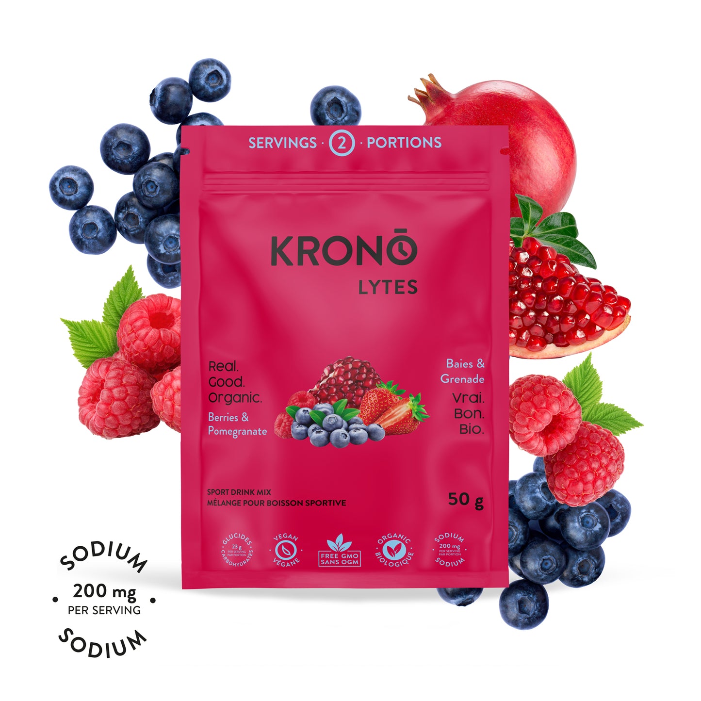 A packet of Krono Nutrition Krono Lytes with various fruits around it, including a pomegranate, blueberries, raspberries, and an apple. The packet indicates the product is organic, vegan, and provides a sodium content of 200 mg per serving.