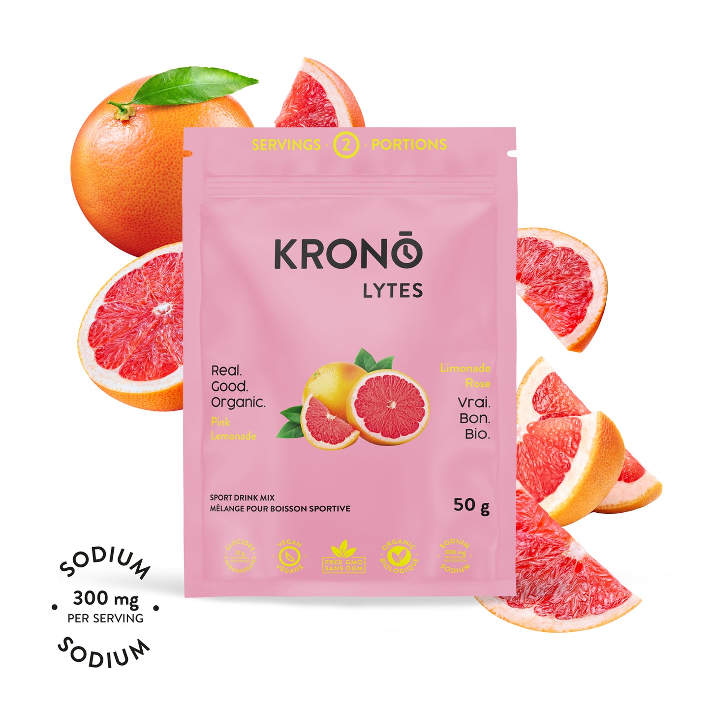 A packet of Krono Nutrition Krono Lytes with pink lemons around it. The packet indicates the product is organic, vegan, and provides a sodium content of 300 mg per serving.