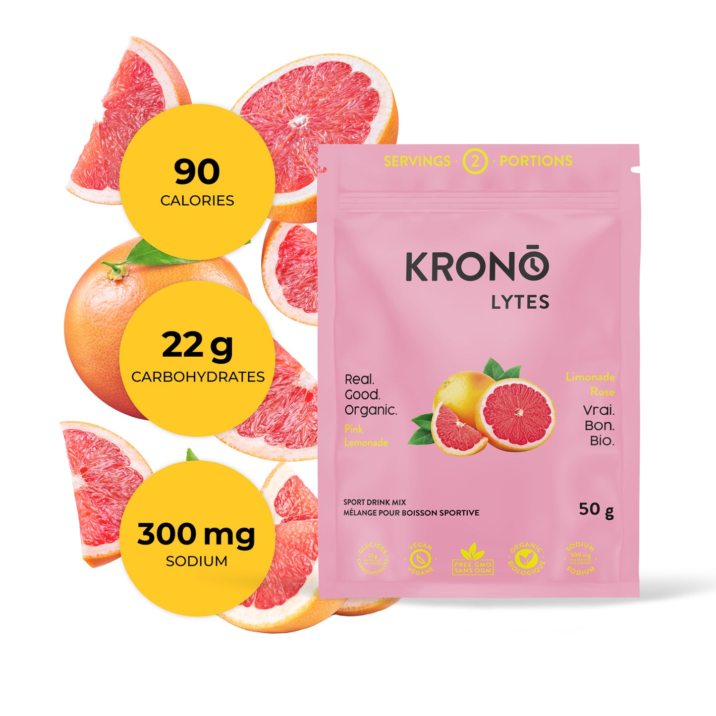 A packet of Krono Nutrition Krono Lytes with pink lemons around it. The packet indicates the product is organic, vegan, and provides a sodium content of 300 mg per serving and 22 g of carbs.