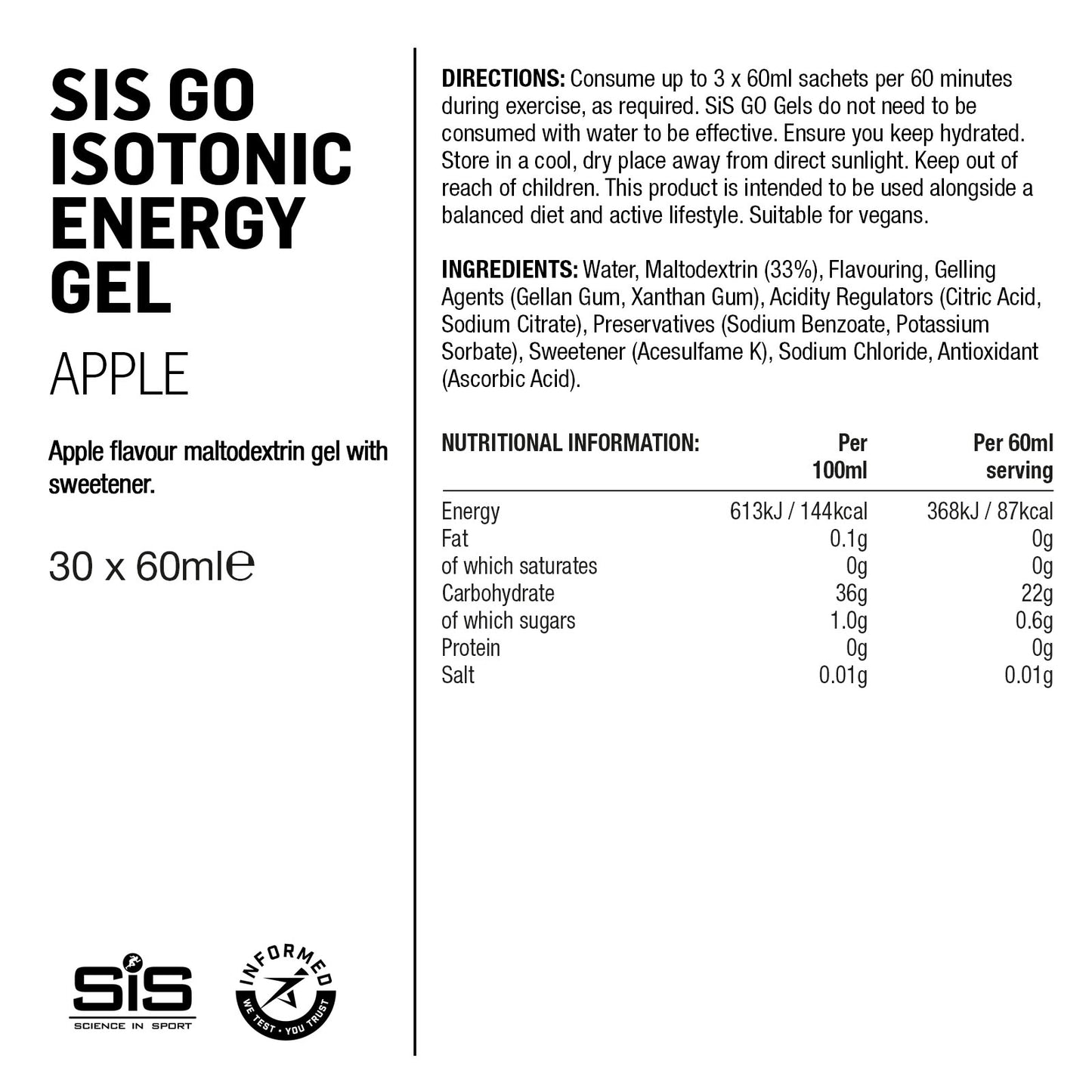 Label of SIS GO Isotonic Energy Gel for apple flavor with nutritional information and directions.