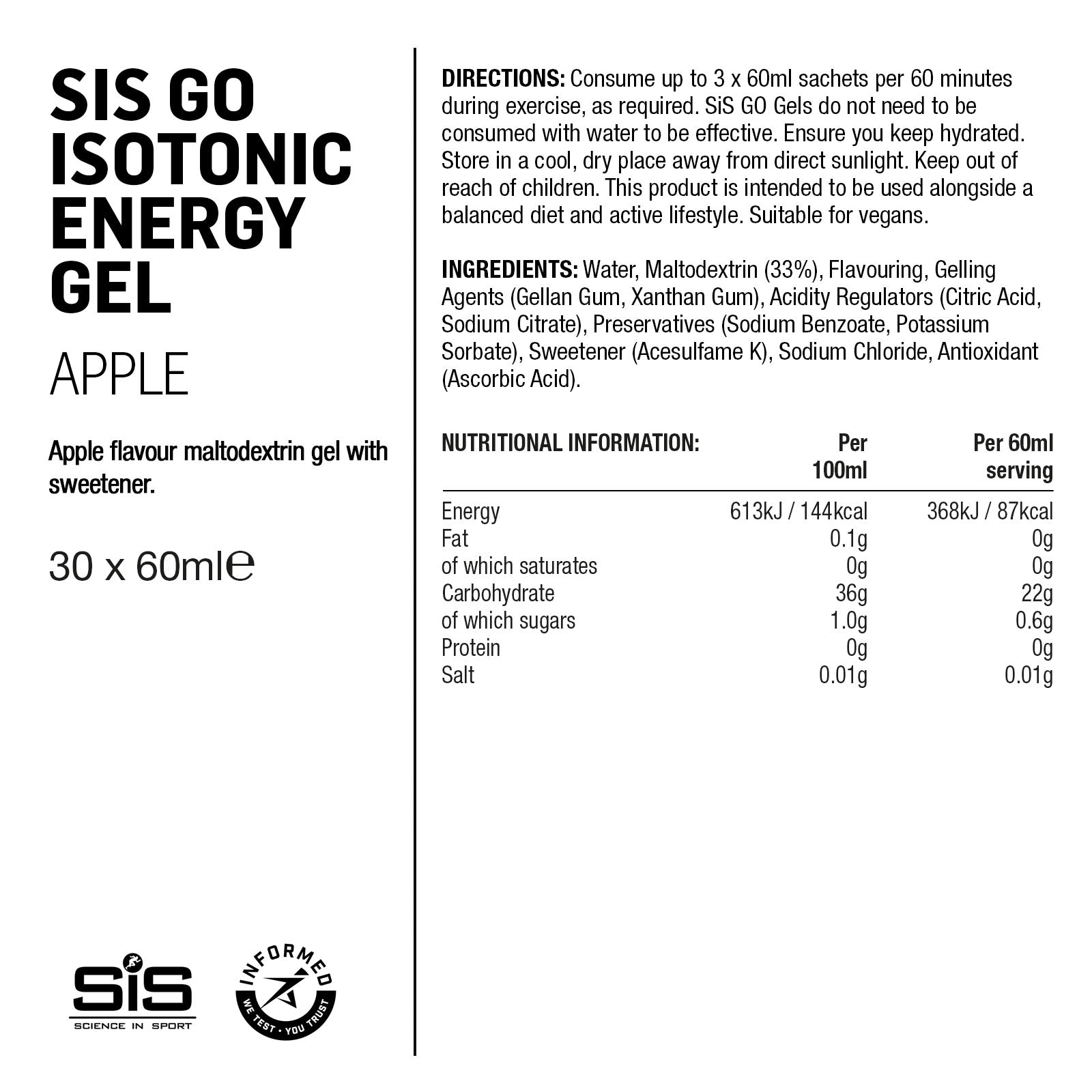 Label of SIS GO Isotonic Energy Gel for apple flavor with nutritional information and directions.