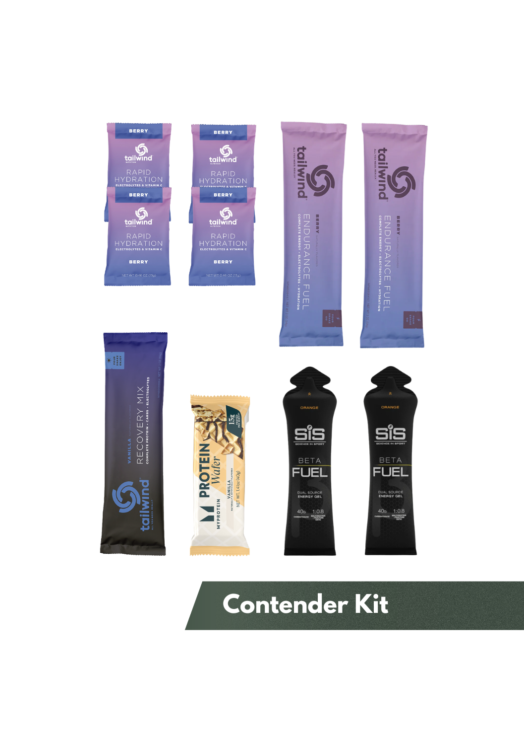 Example of products in the Contender Hybrid Simulation Nutrition Kit available at Fuel Kit