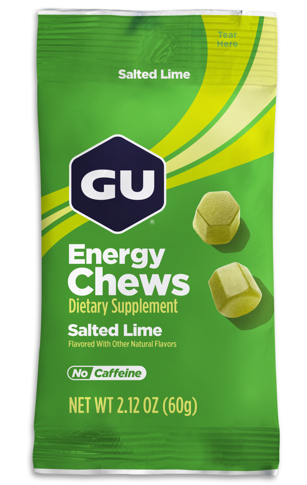 A packet of GU Energy Chews with watermelon flavor, featuring an image of sliced watermelon and the chews themselves visible through the clear window of the packaging.
