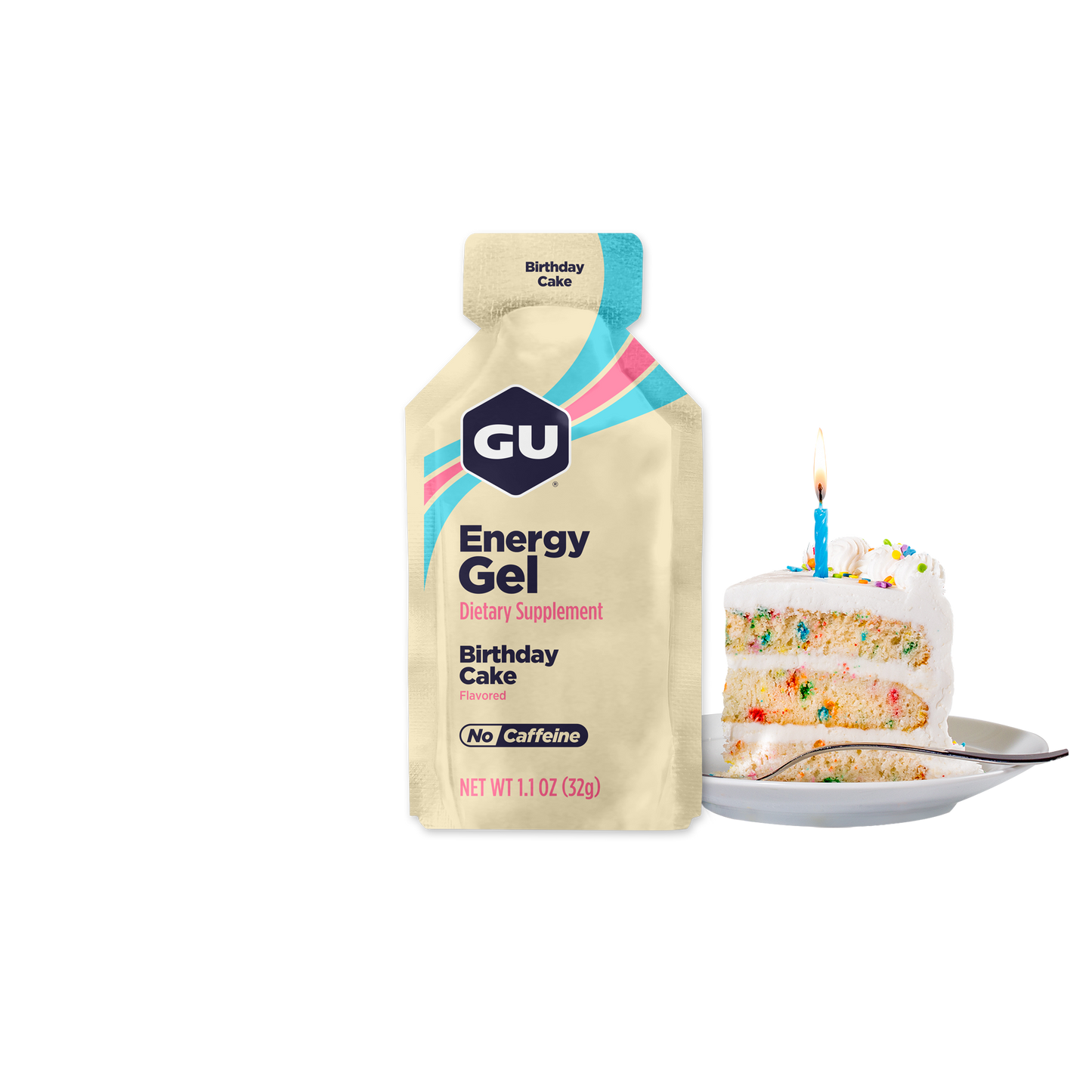 A packet of GU Energy Gel with Birthday Cake flavor, alongside a slice of birthday cake with a candle on it.