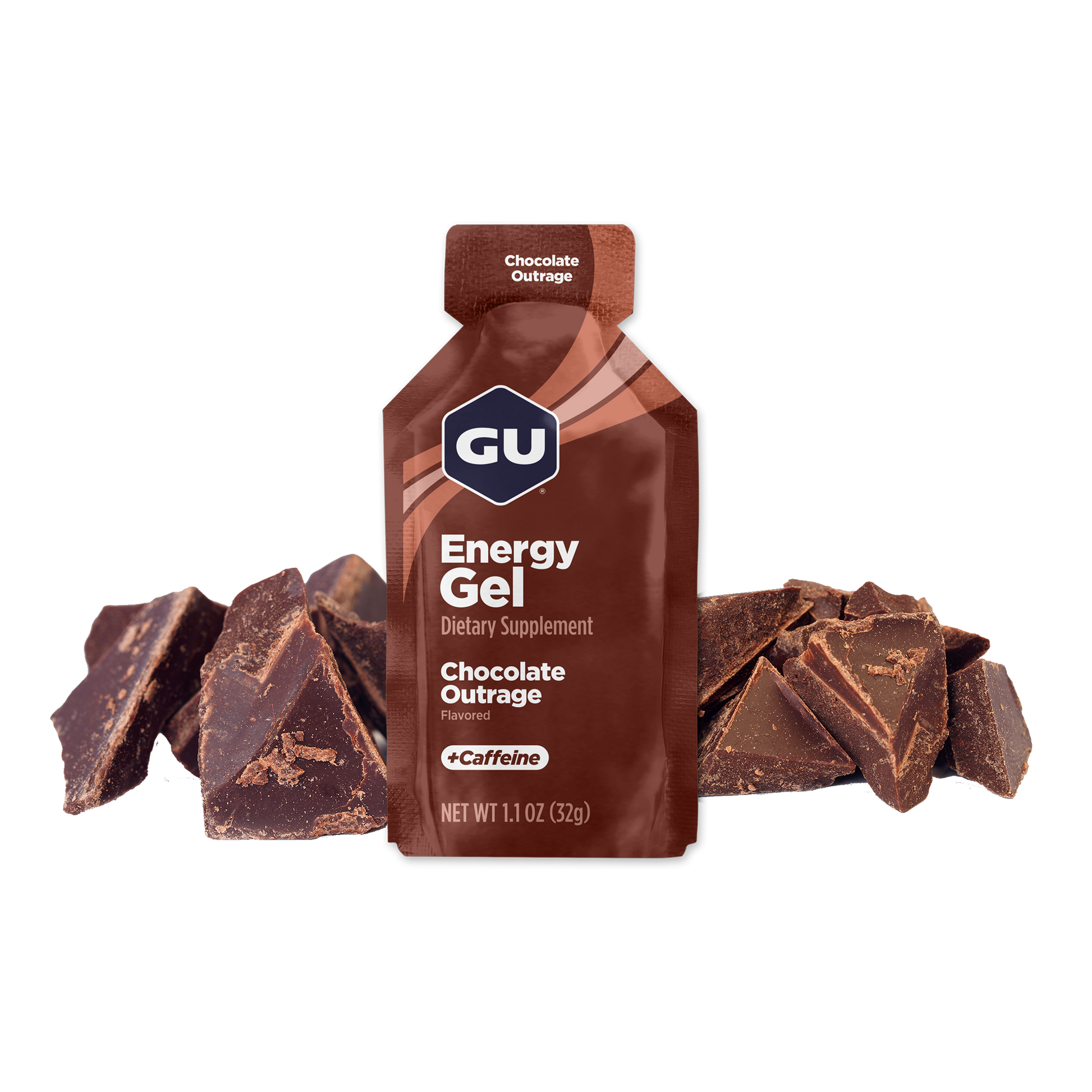 A packet of GU Energy Gel in Salted Caramel flavor, with visible pieces of caramel beside it.