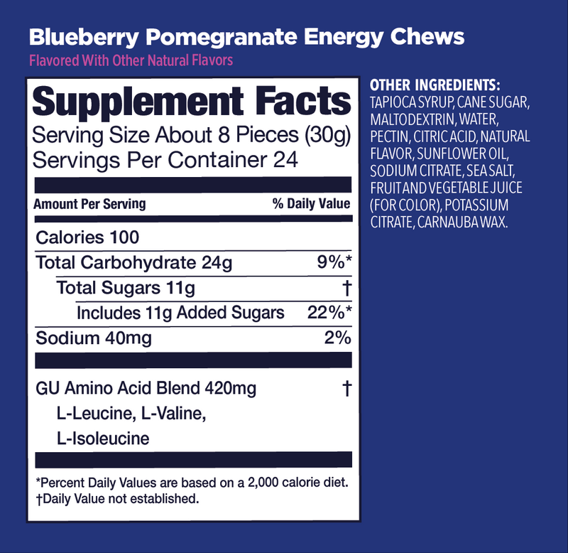 Supplement facts label for Blueberry Pomegranate Energy Chews on a blue background