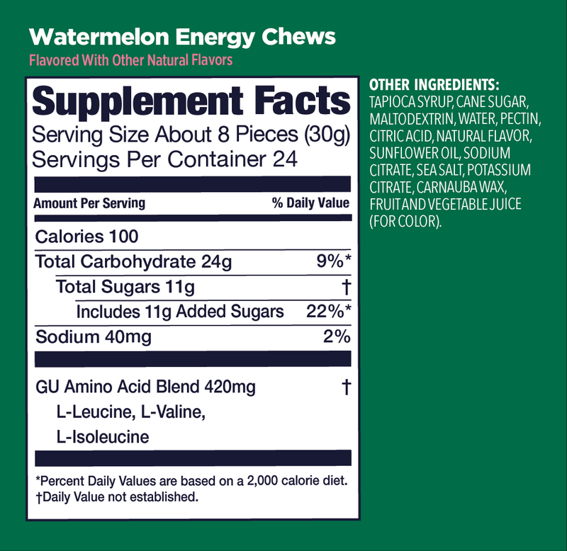 Supplement facts label for Watermelon Energy Chews on a green background