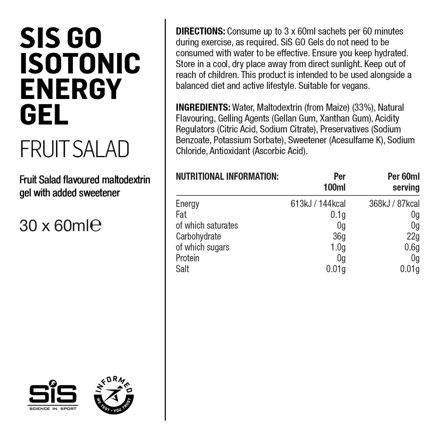 Label of SIS Go Isotonic Energy Gel in Fruit Salad flavor with nutritional information and directions.