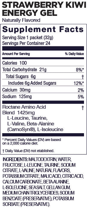 A nutrition label for GU Roctane Energy Gel with Strawberry Kiwi flavor.