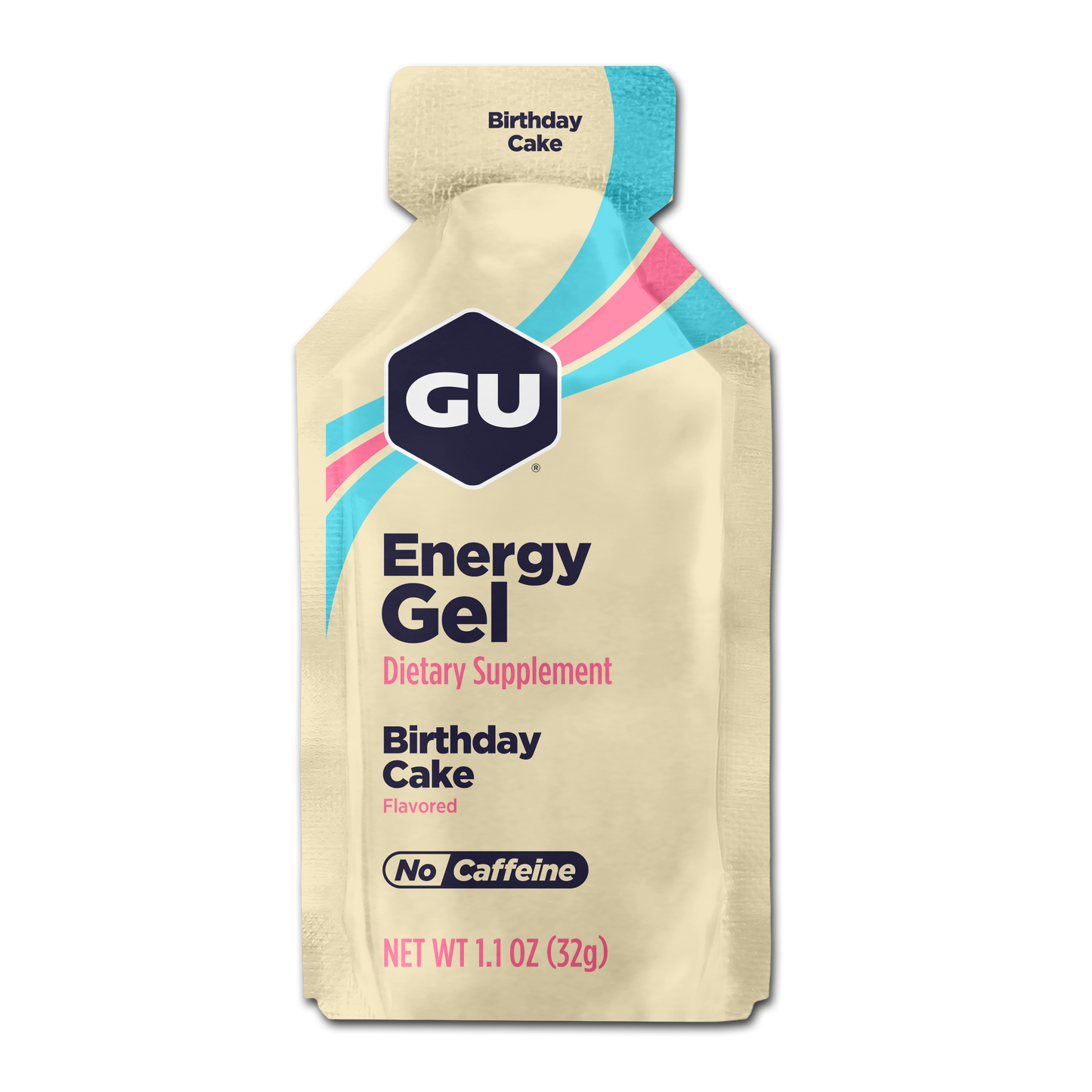 A packet of GU Energy Gel with Birthday Cake flavor, with a white background.