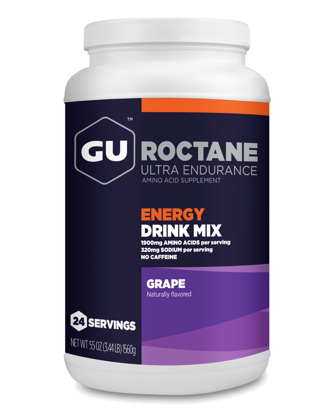 A canister of GU Roctane Energy Drink Mix in Grape flavor, with 24 servings.