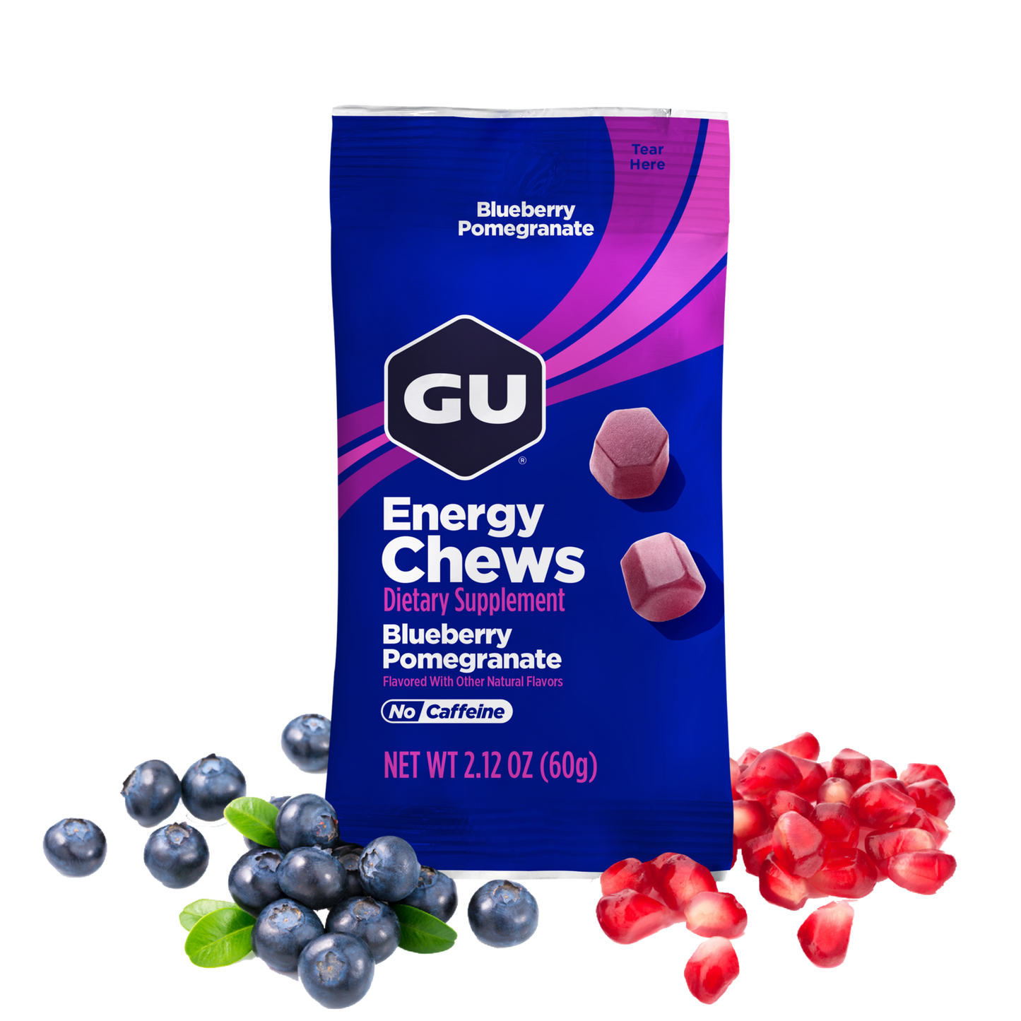 GU Energy Chews package with blueberries and pomegranate seeds on a white background