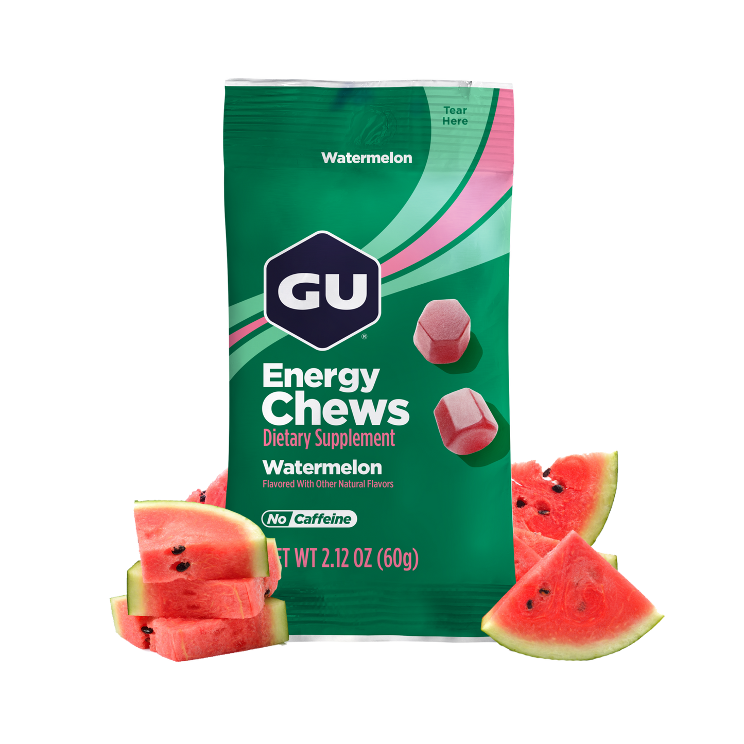 GU Energy Chews packaging with watermelon slices on a white background