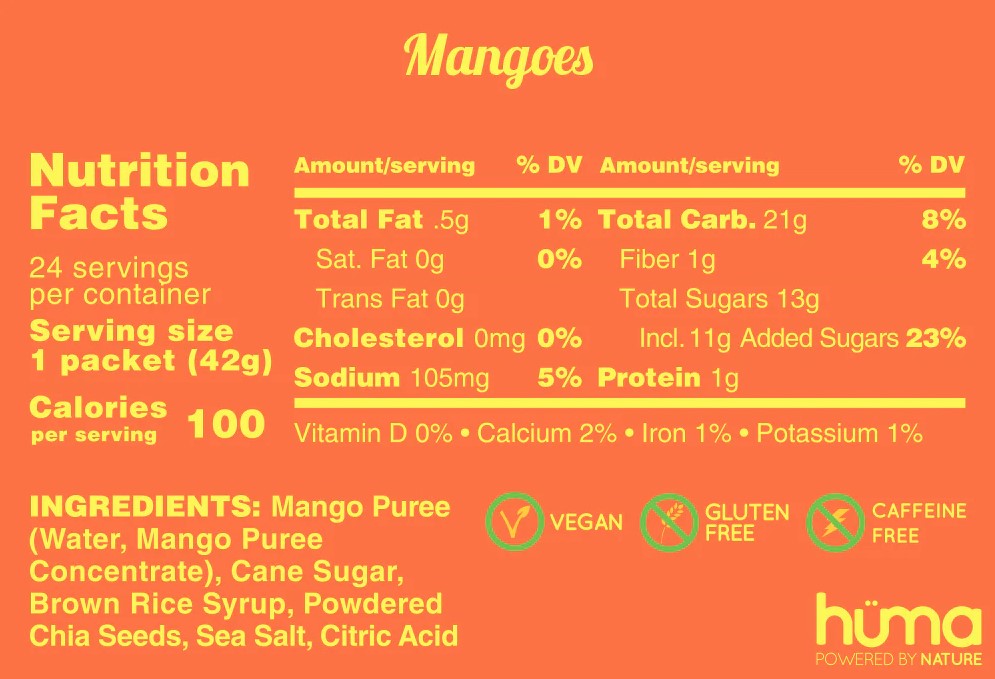 Huma Plus Gel with a mango flavor nutrition facts