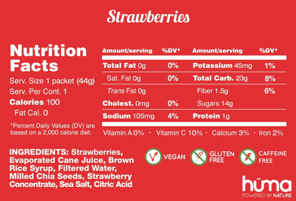 Strawberries Huma Gel Nutrition Label