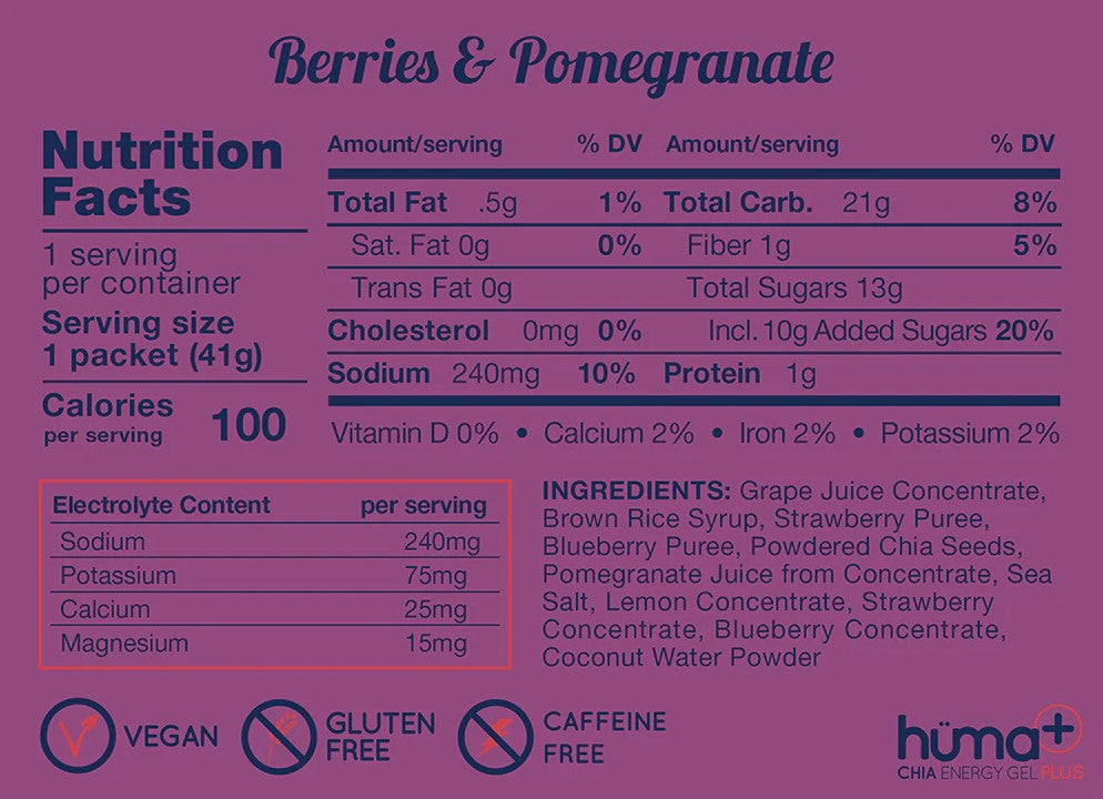 Nutrition facts for Berries and Pomegranate Huma Gel