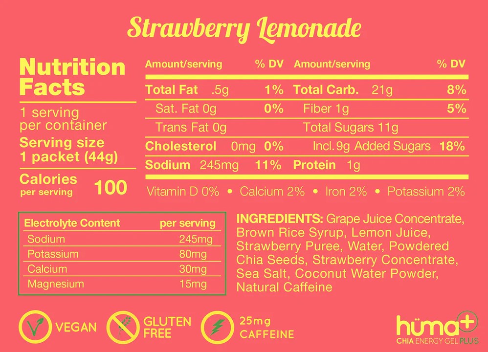Huma Plus Gel in Strawberry Lemonade flavor nutrition facts