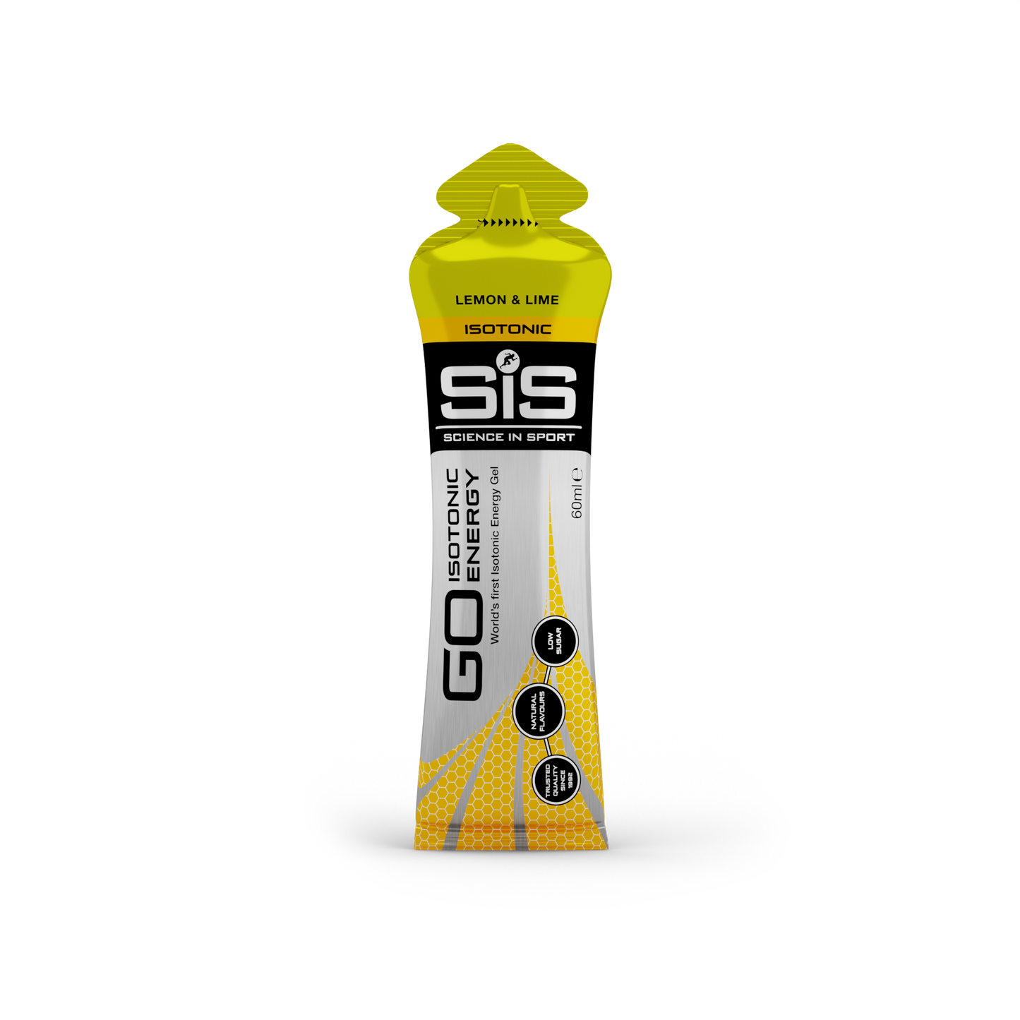 Yellow and black energy gel pack with 'Science in Sport' branding on a white background