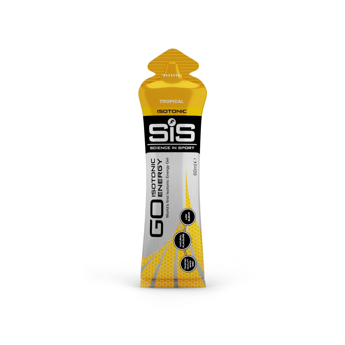 Yellow and black energy gel package with 'Science in Sport' branding on a white background