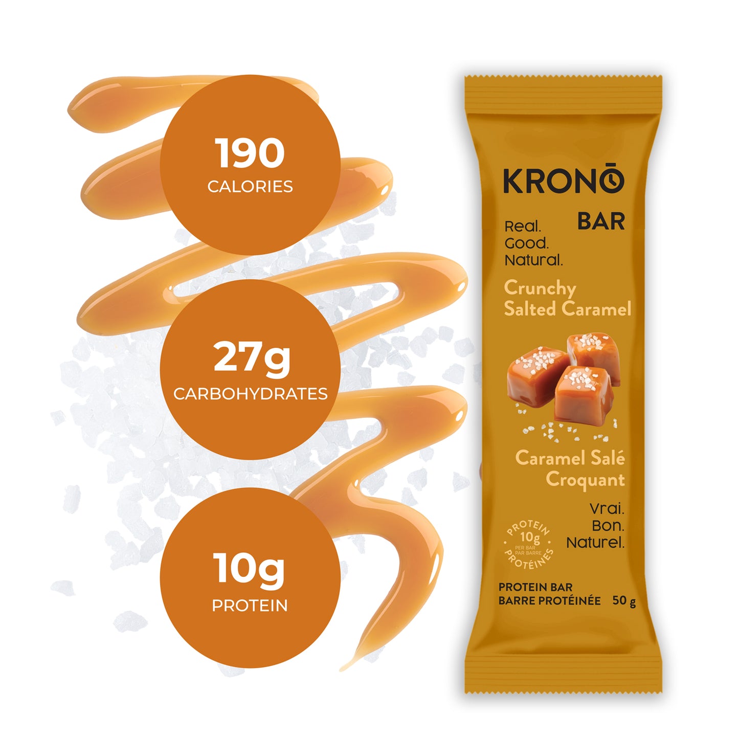 Picture of Salted Caramel Krono Bar with swirl of caramel behind it and nutrition facts
