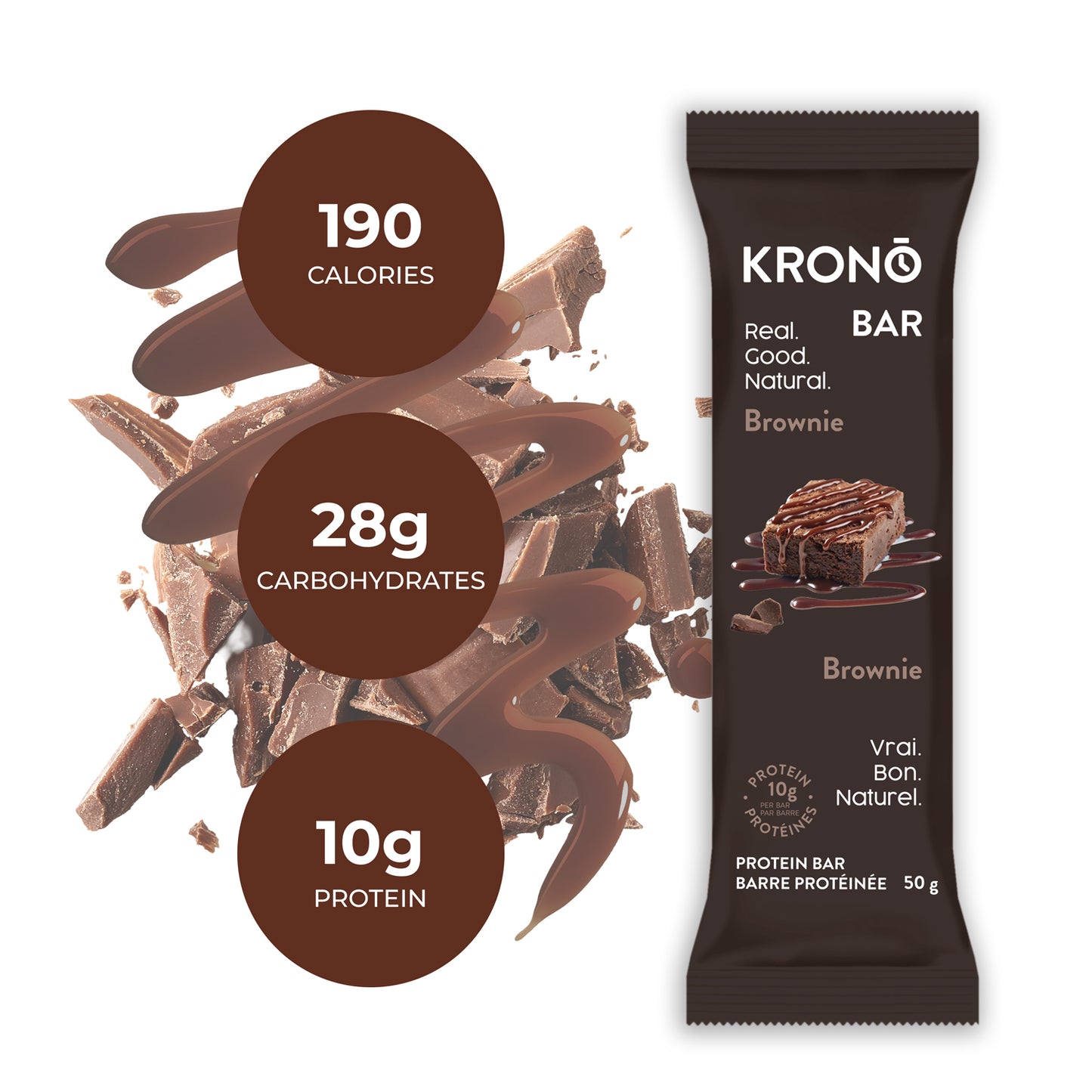 Picture of Brownie Krono Bar with chocolate and nutrition facts in the background.