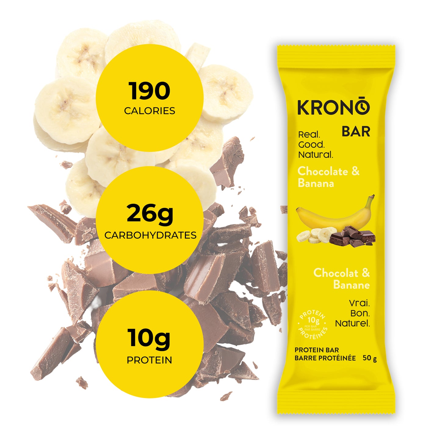 A Krono Nutrition Protein Bar in yellow packaging with images of chocolate pieces and banana slices, indicating the flavor of the bar and nutrition facts