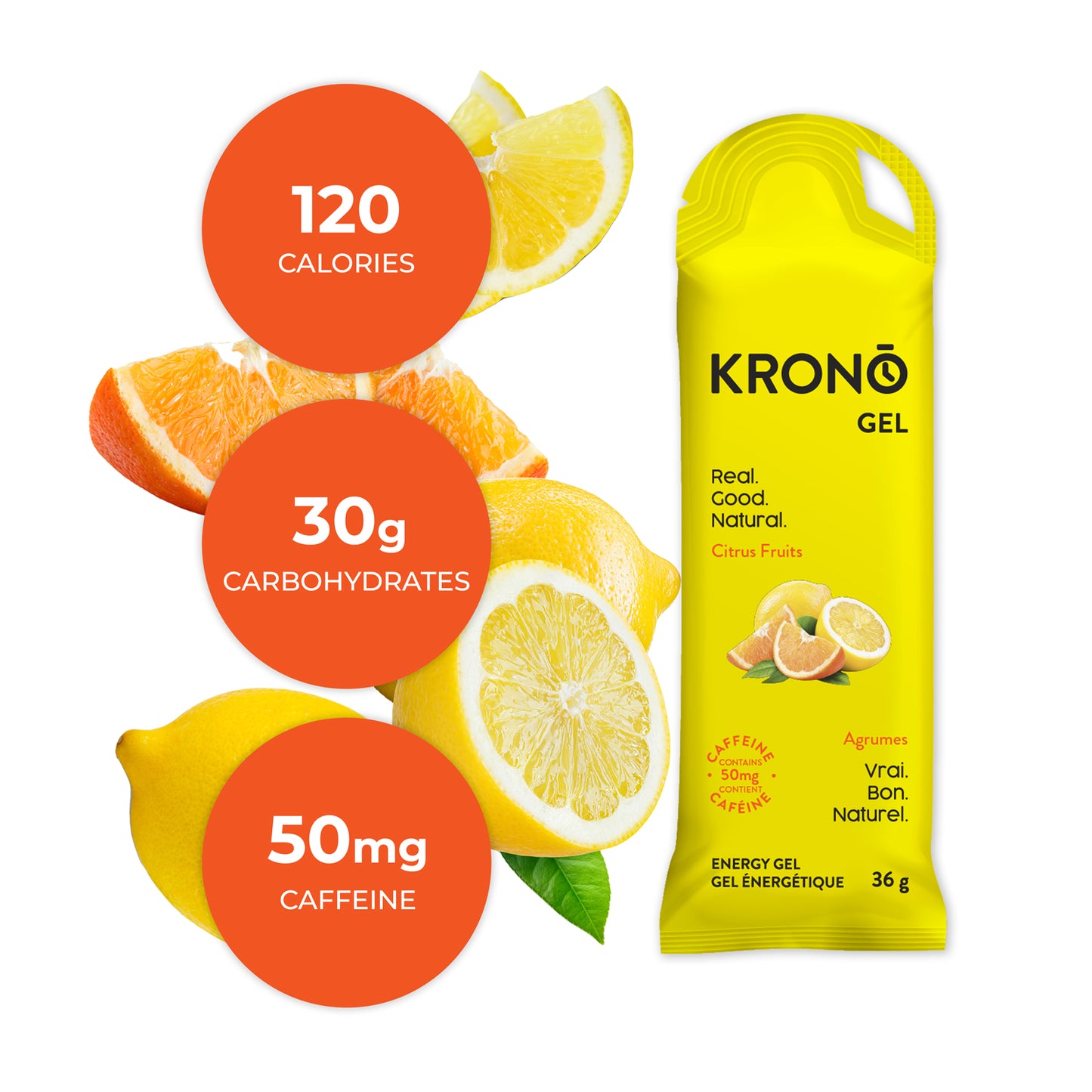 Picture of Krono Citrus gel with a picture of oranges and lemons in the background and nutrition information in orange-coloured circles