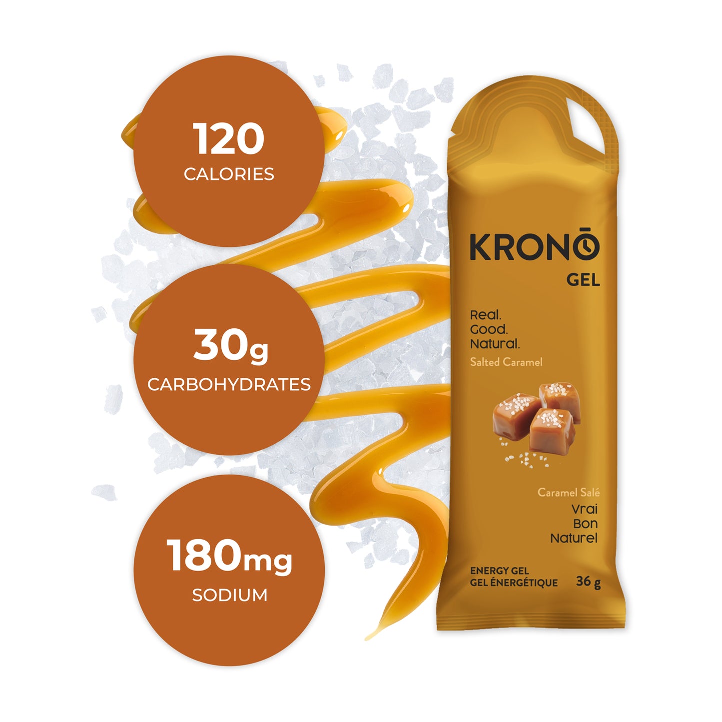 A packet of Krono Nutrition energy gel with a salted caramel flavor, and a splash of caramel syrup and salt and nutrition info in brown circles.