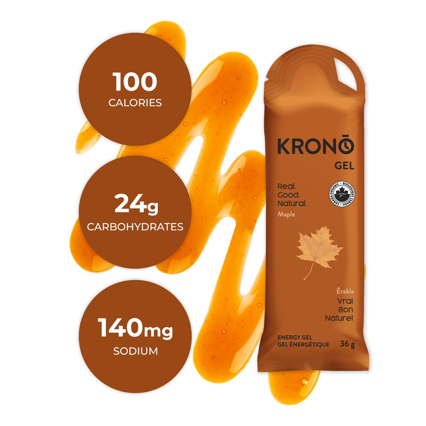 Picture of Krono Maple gel with a swirl of maple syrup in the background and nutrition information in circles