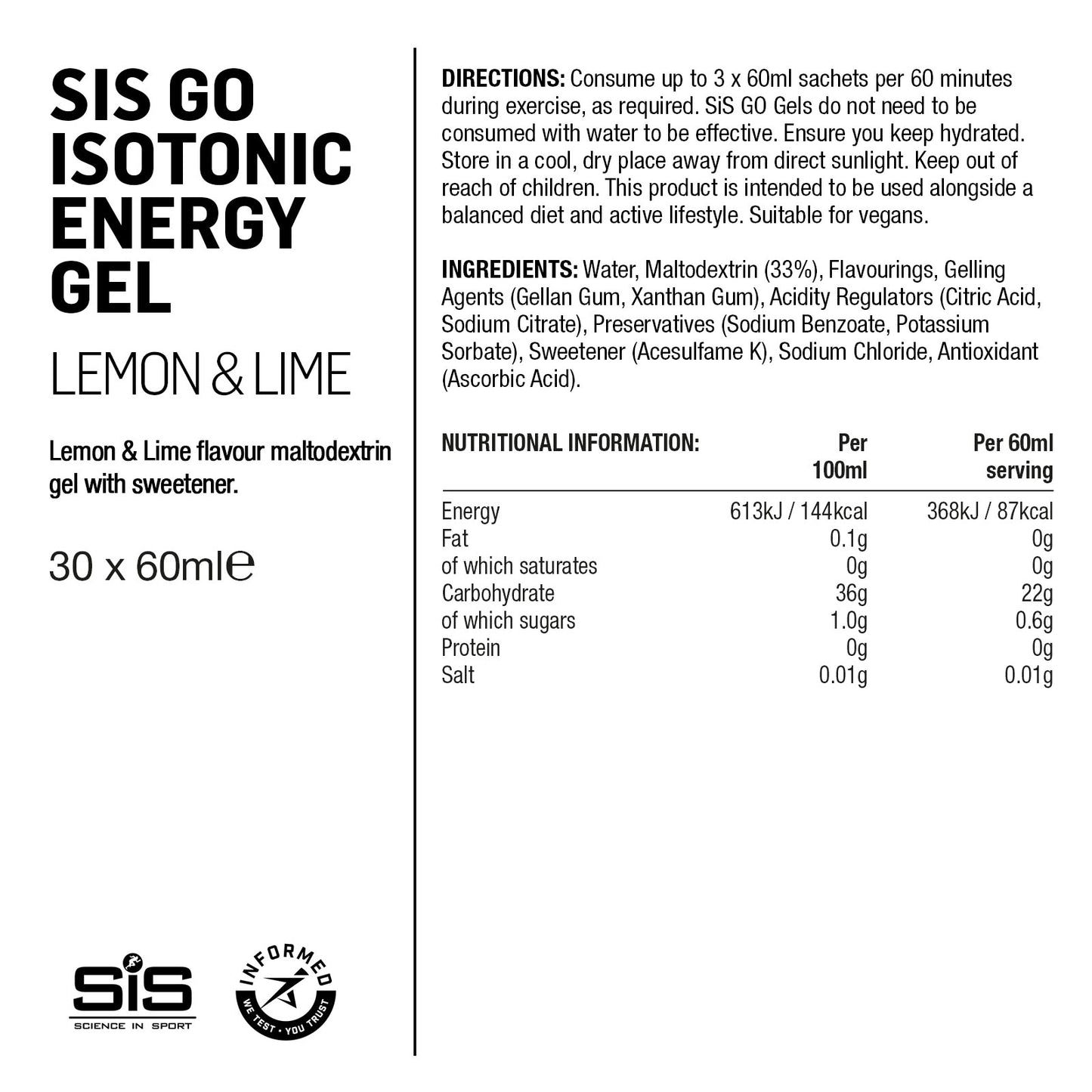 Label of SIS Go Isotonic Energy Gel for lemon and lime flavor with nutritional information and directions.