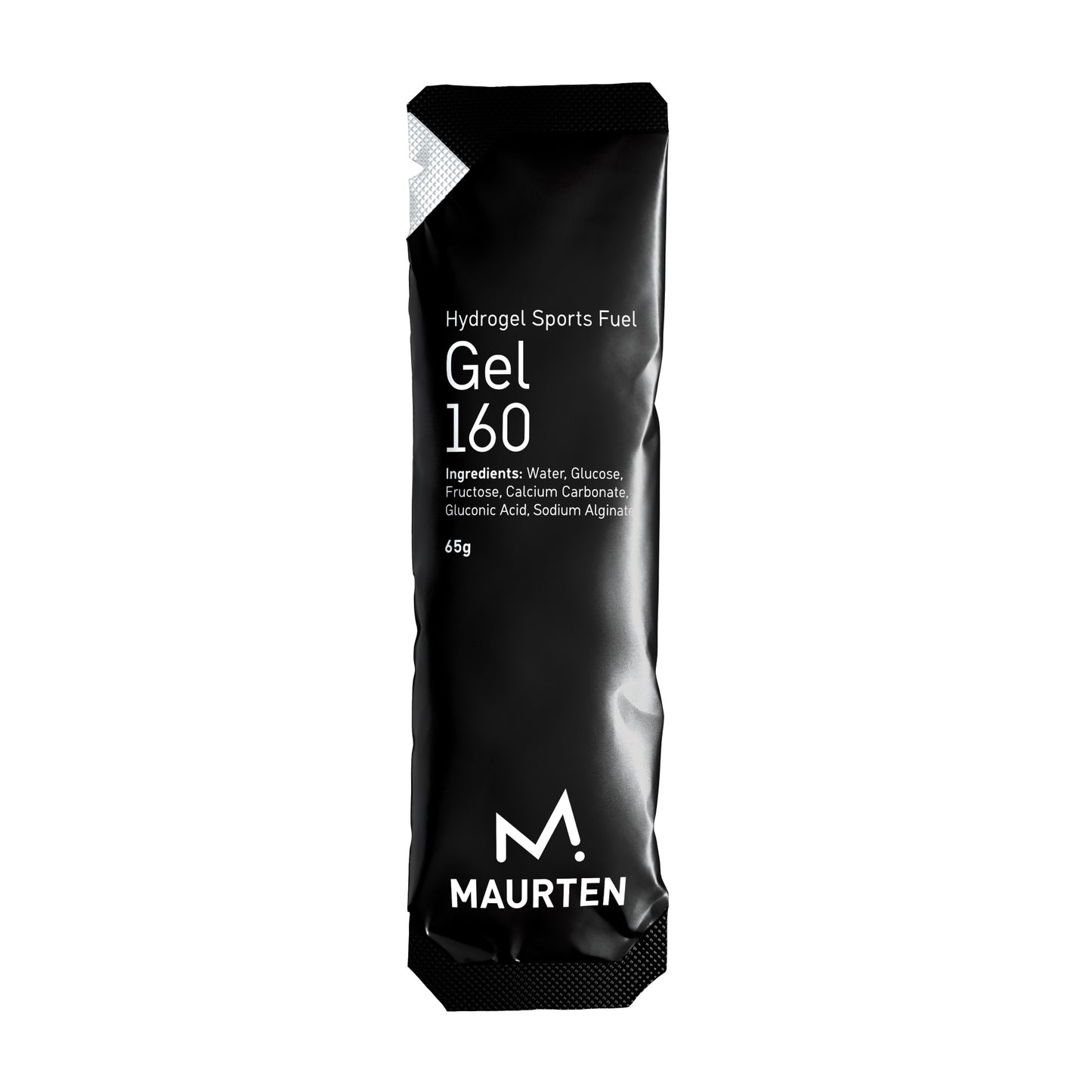 A single packet of Maurten Gel 160, which is a black and white package labeled with the brand's logo and product information.