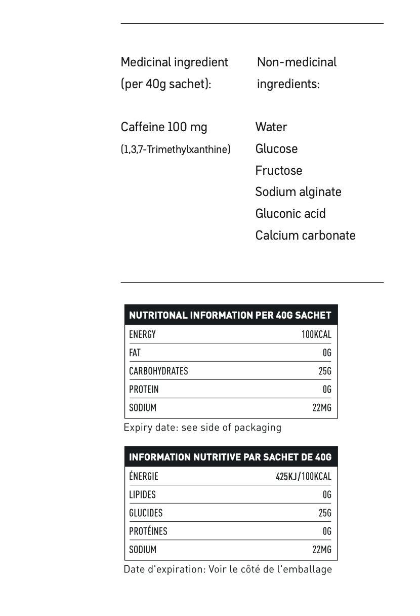 Maurten Gel 100 Caf 100 nutritional information and ingredient list on a white background- available on Fuel Kit website