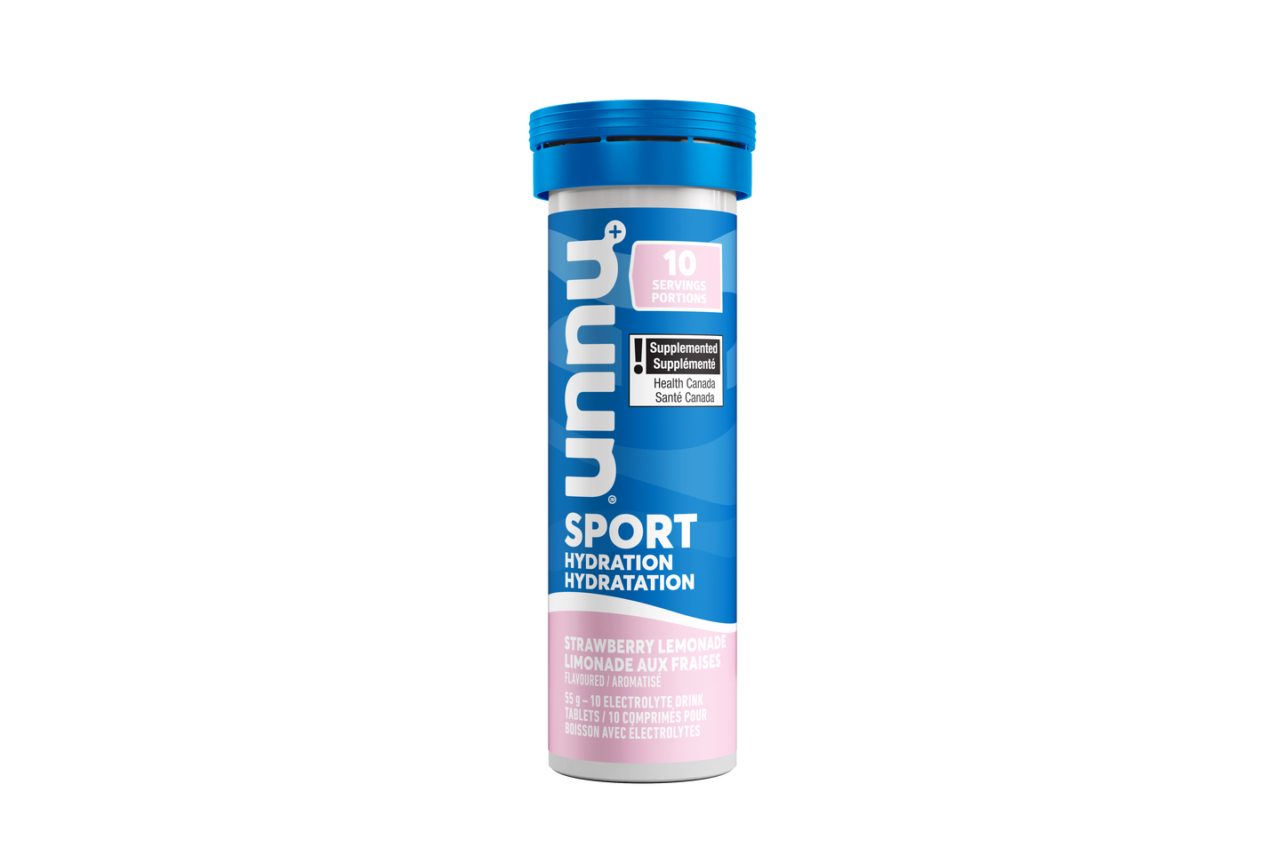 Blue and pink supplement container with 'nuun' Strawberry Lemonade Nuun branding on a white background