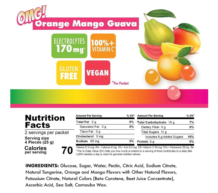 Colourful nutrition label of Bonk Breaker Energy Chews with OMG flavor, highlighting 70 calories.