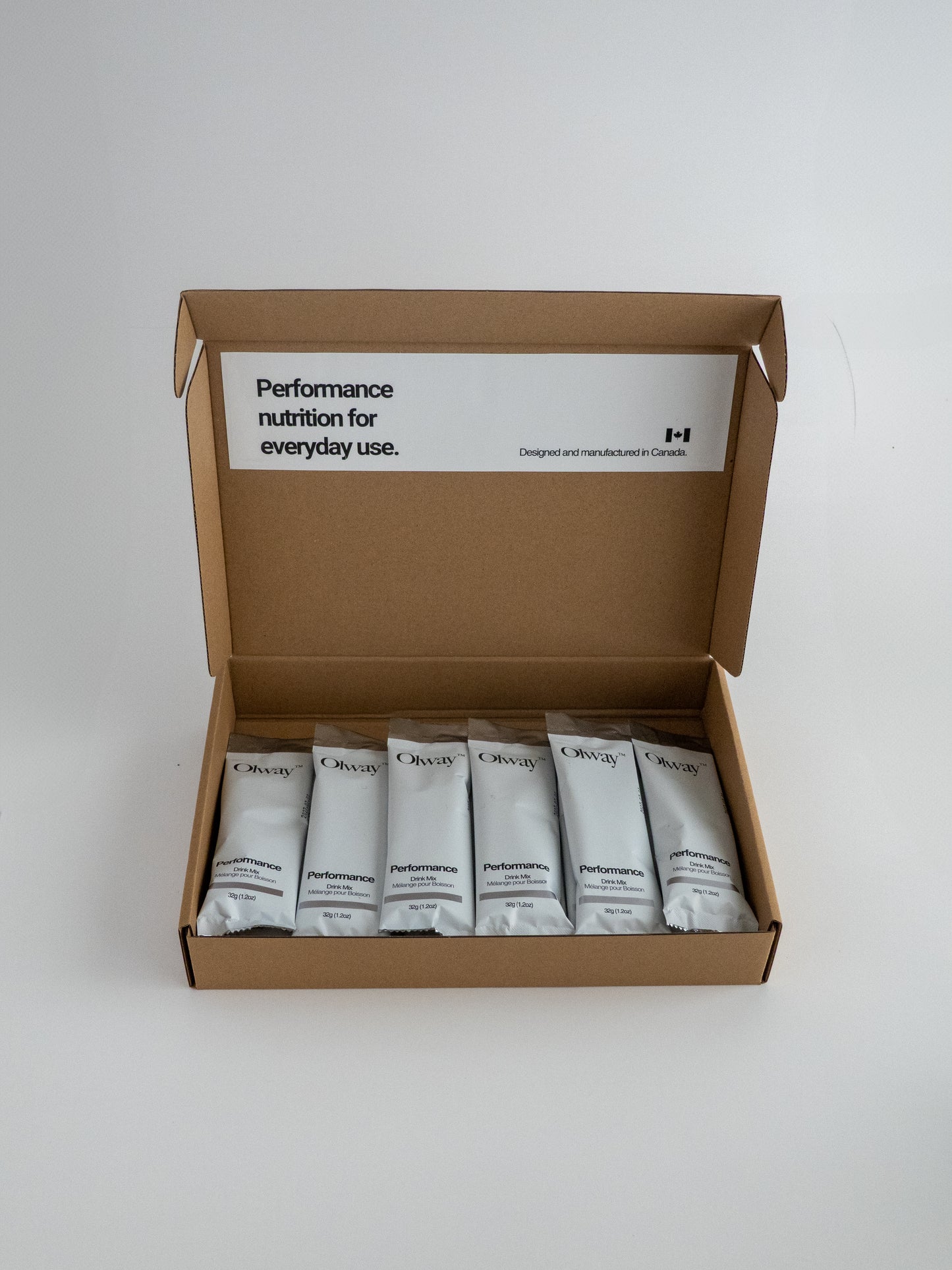 Opened Fuel Kit box showing multiple Olway Performance Drink Mix 32 g single-serve packets neatly arranged for easy portable hydration and energy