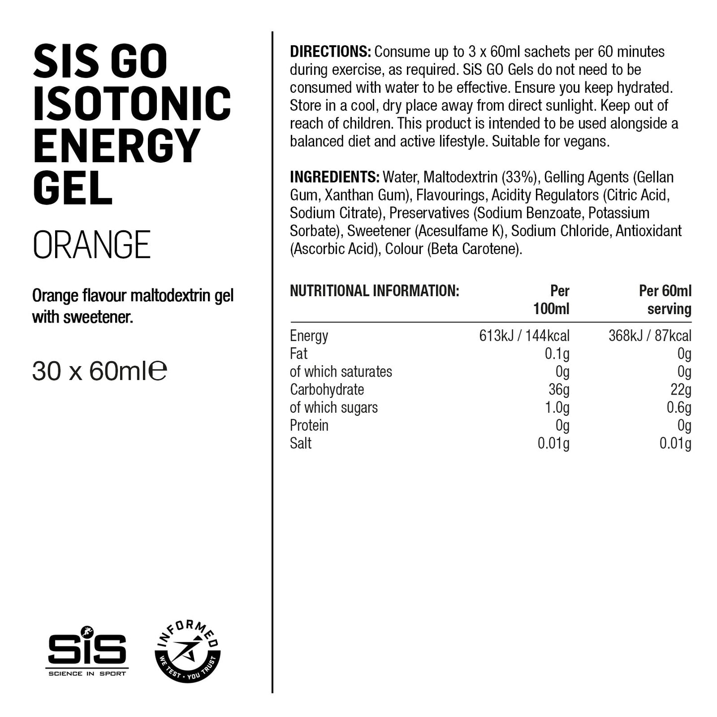 Label of SIS GO Isotonic Energy Gel for orange flavor with nutritional information and directions.