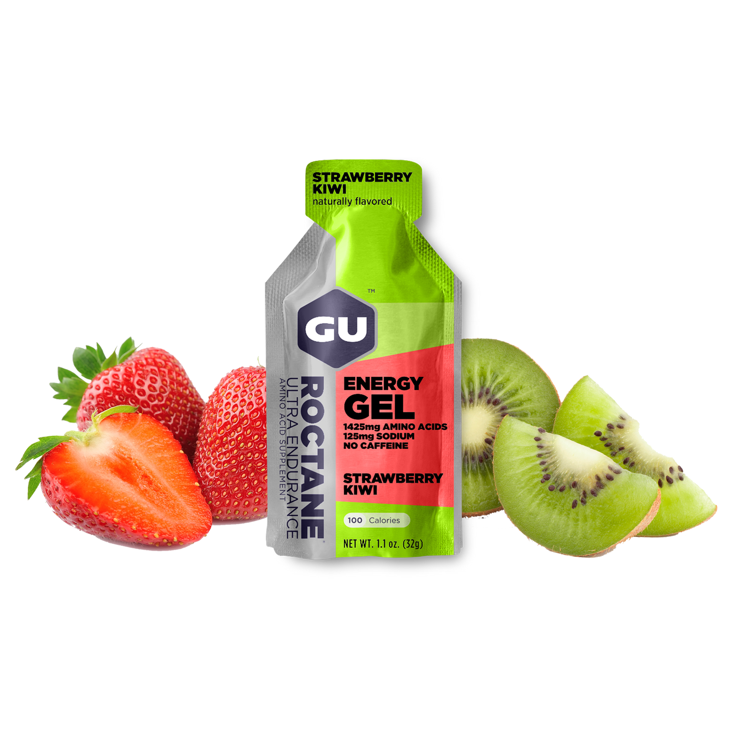 A packet of GU Roctane Energy Gel with Strawberry Kiwi flavor, accompanied by strawberries and kiwis on a white background.