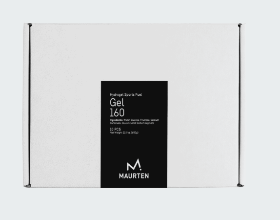 A closed box of 10 Maurten Gel 160 energy gel packets.