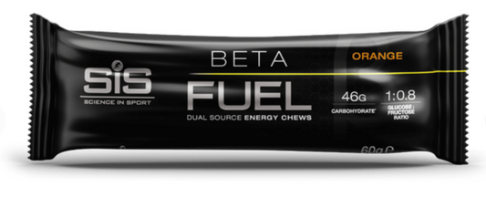 Black package of Science in Sport Beta Fuel Dual Source Orange Flavoured Energy Chews on a white background
