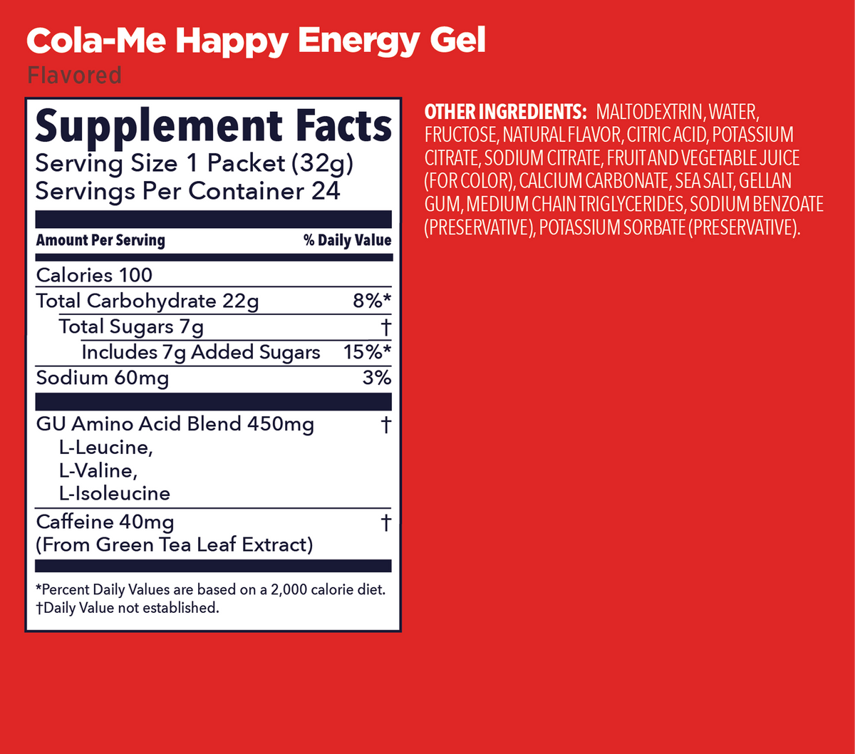A red and white graphic displaying the Supplement Facts label for Cola-Me Happy Energy Gel, available at Fuel Kit.