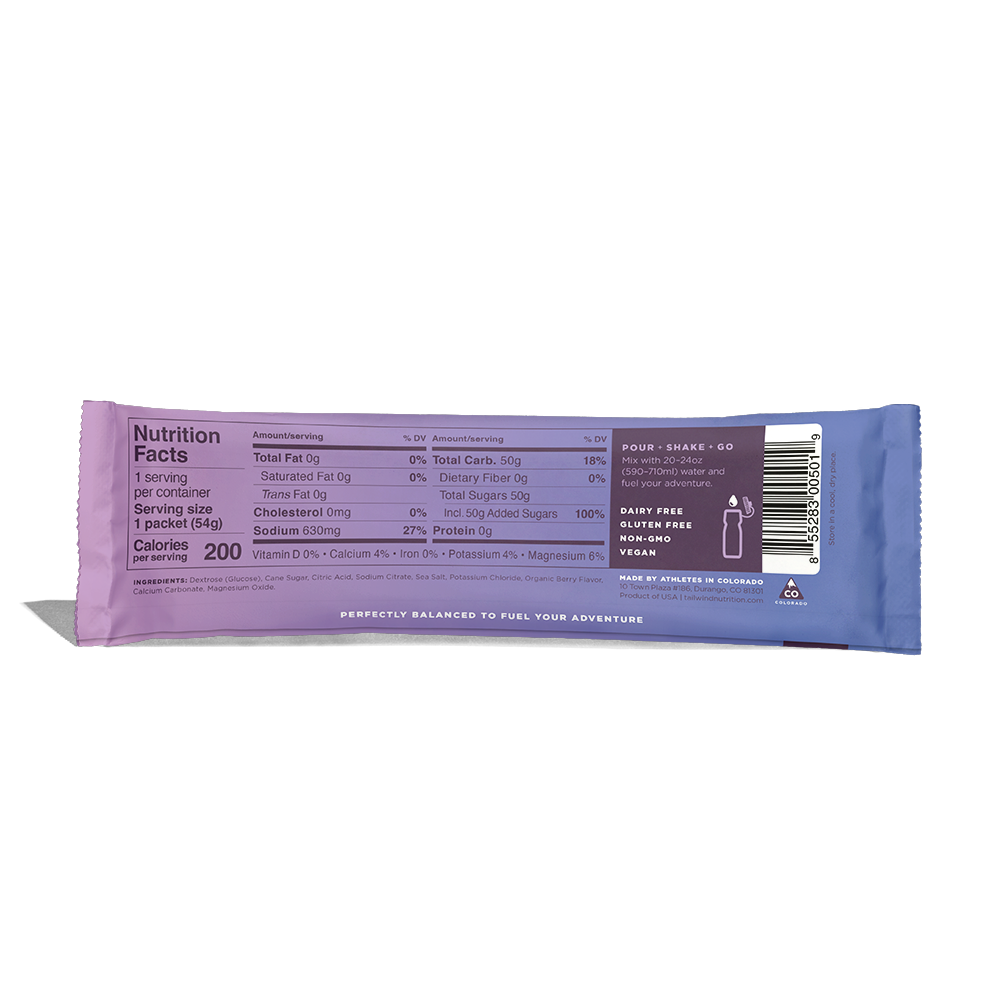Back of packet nutrition facts of a packet of Tailwind Endurance Fuel labeled 'Berry' with a purple and white design, indicating it is a caffeine-free sports nutrition drink mix.