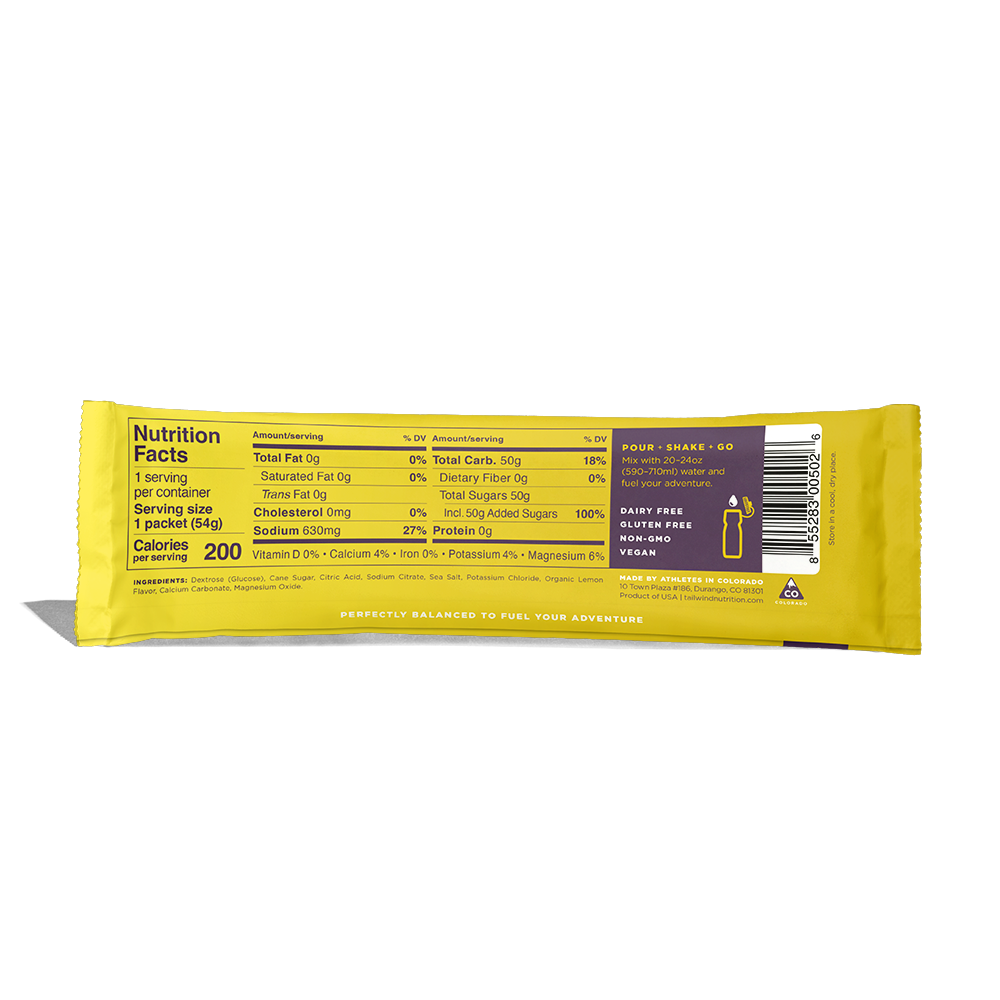 Yellow energy bar with nutrition label on a white background
