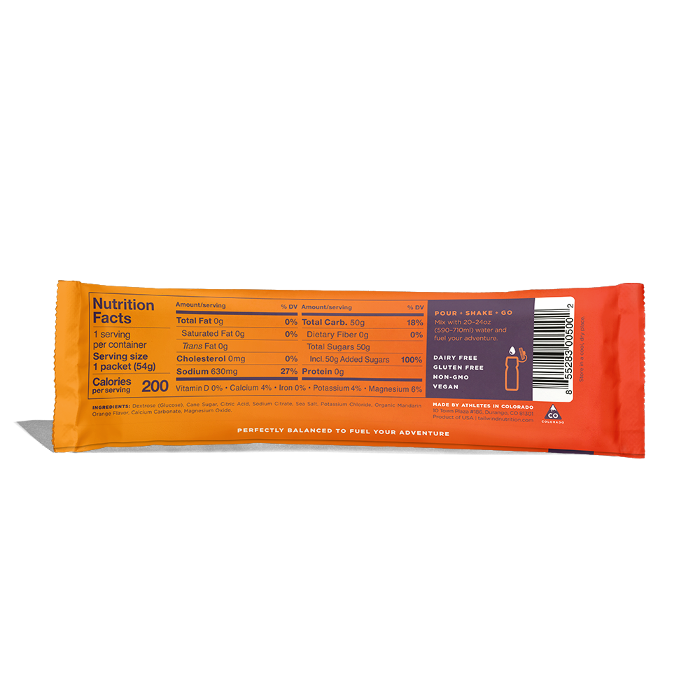 Back of packet nutrition facts of a packet of Tailwind Endurance Fuel labeled 'Mandarin' with a orange design, indicating it is a caffeine-free sports nutrition drink mix.