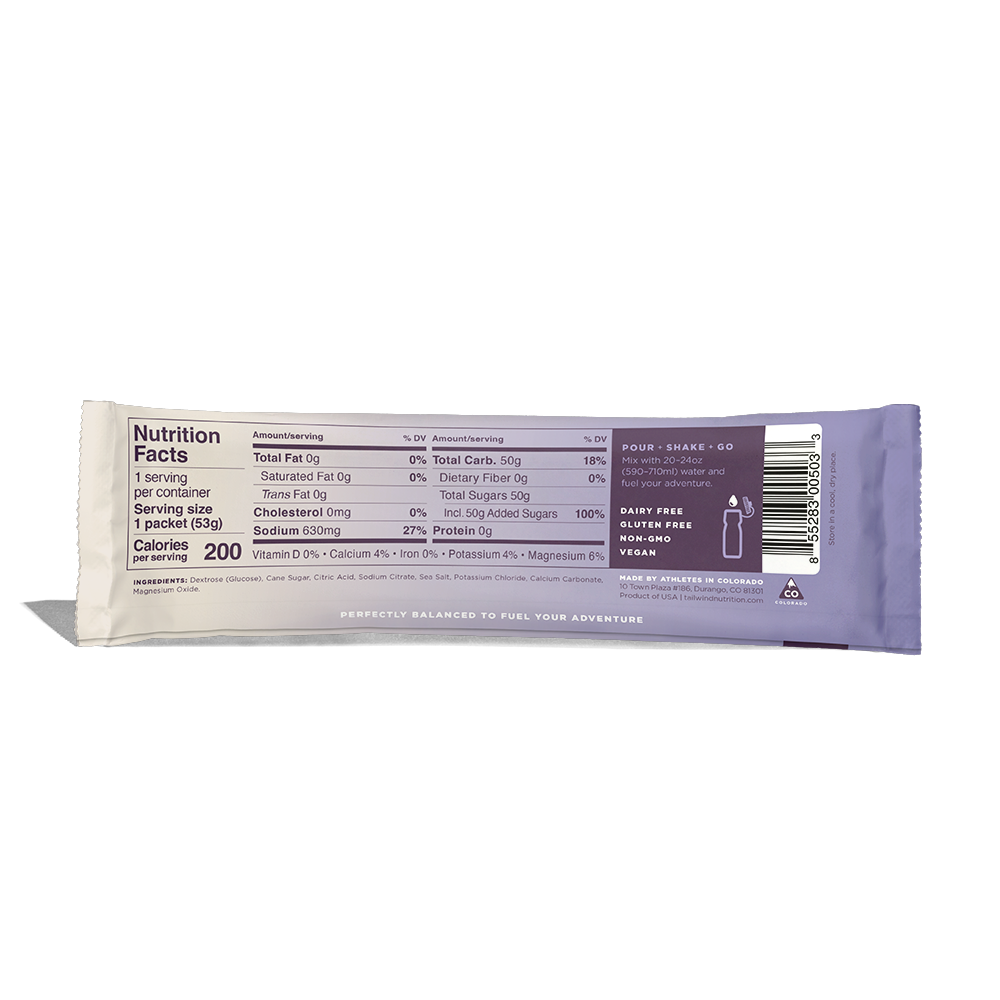 Back of packet nutrition facts of Tailwind Endurance Fuel labeled 'Naked' with a purple and white design, indicating it is a caffeine-free sports nutrition drink mix.