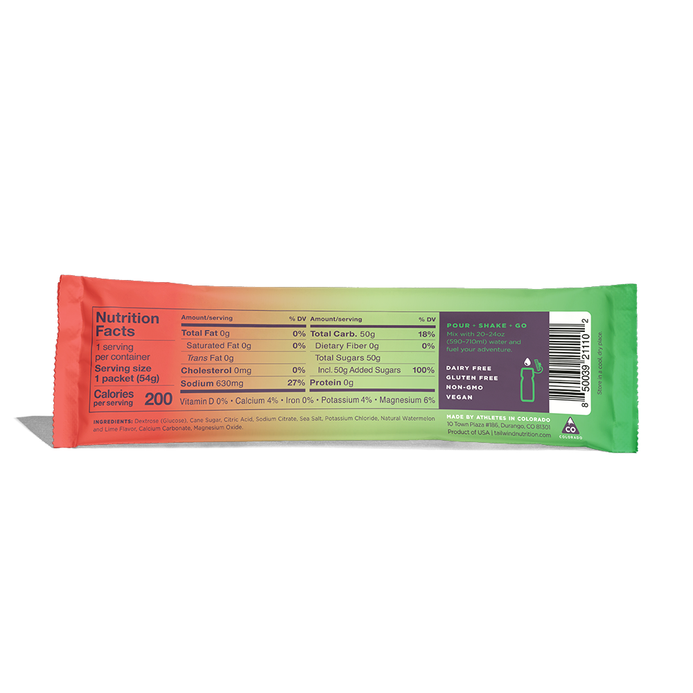 Back of packet nutrition facts of a packet of Tailwind Endurance Fuel labeled 'Dauwaltermelon' with a orange and green design, indicating it is a caffeine-free sports nutrition drink mix.