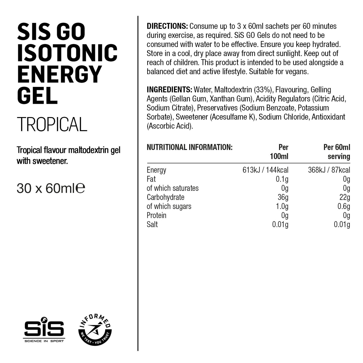 Label of SIS Go Isotonic Energy Gel with nutritional information and directions.