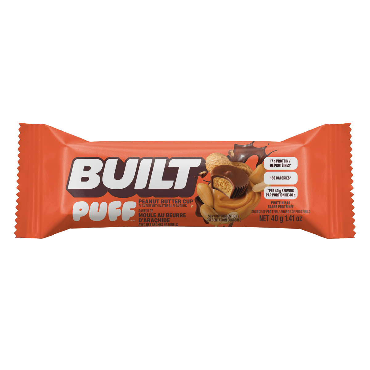 A single wrapped bar of Built Puff Peanut Butter Cup protein bar, available at Fuel Kit.
