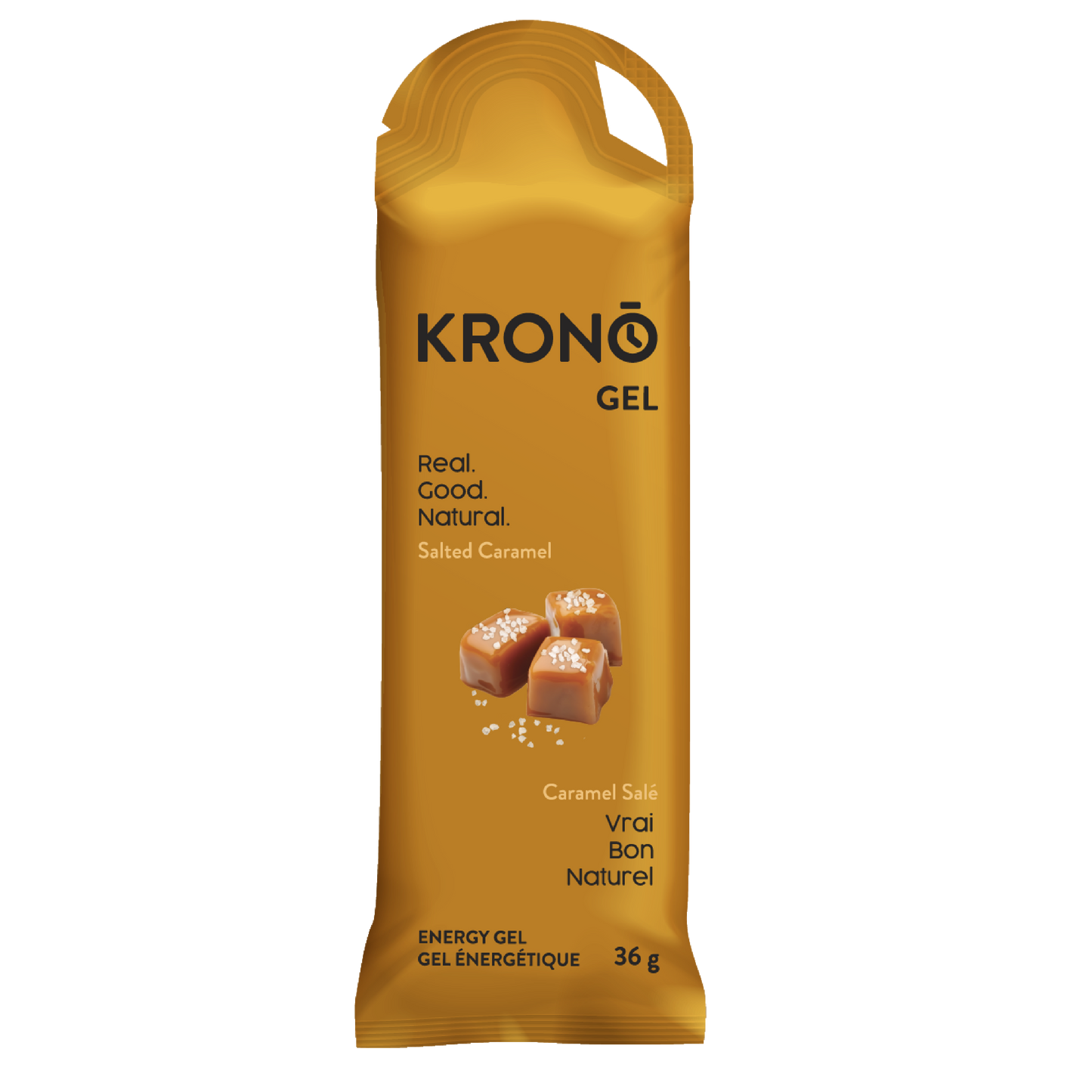 A packet of Krono Nutrition energy gel in salted caramel flavor with a white background