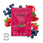 A packet of Krono Nutrition Krono Lytes with various fruits around it, including a pomegranate, blueberries, raspberries, and an apple. The packet indicates the product is organic, vegan, and provides a sodium content of 200 mg per serving.