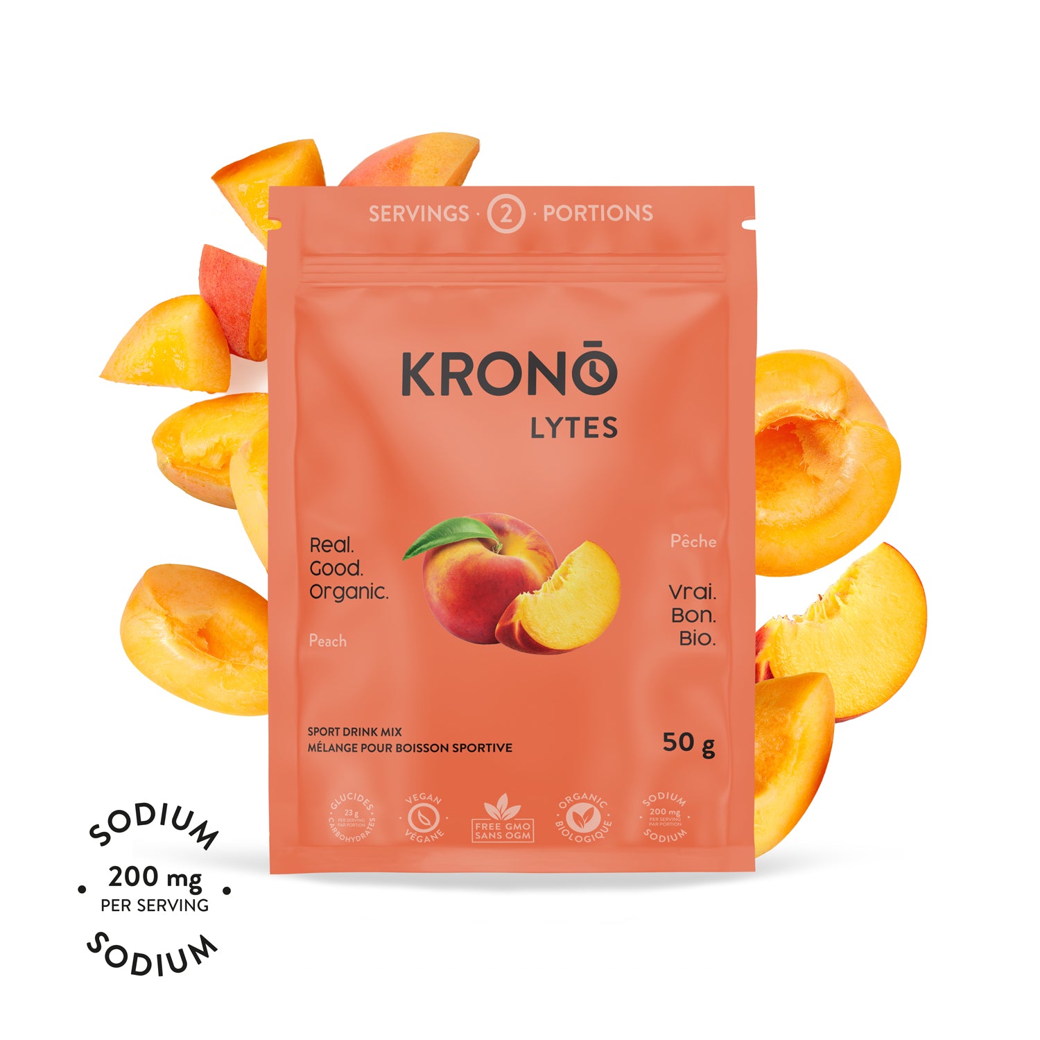 A packet of Krono Nutrition Krono Lytes with peaches around it. The packet indicates the product is organic, vegan, and provides a sodium content of 200 mg per serving.